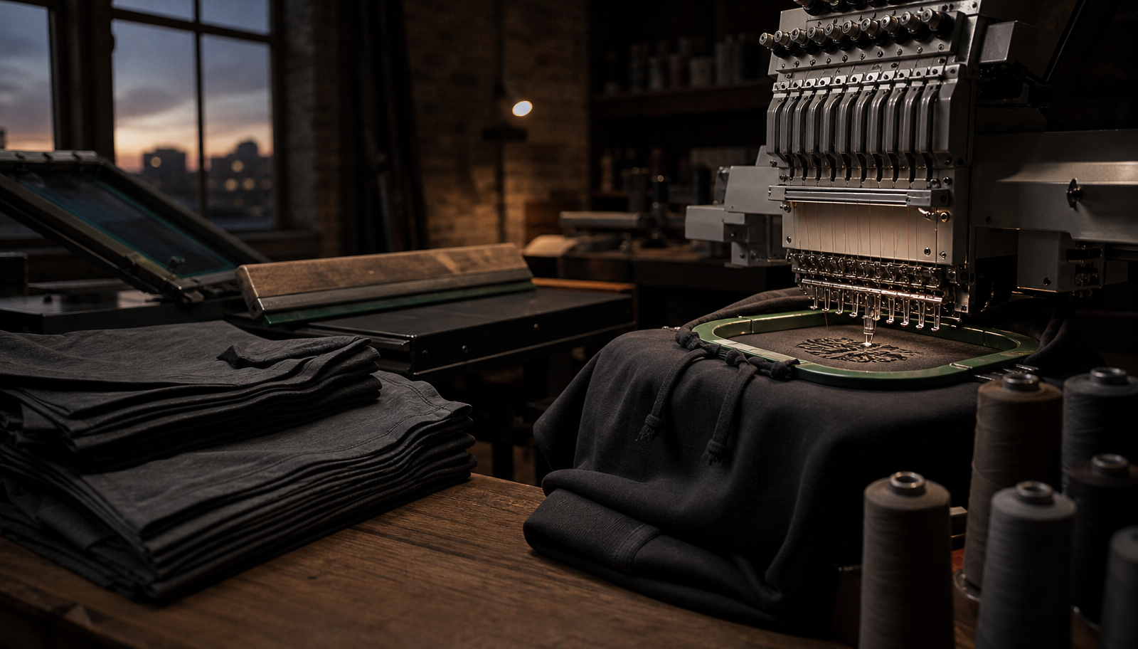 Dark editorial apparel and embroidery workshop with multi-needle embroidery machine, folded blank tees, and screen printing press