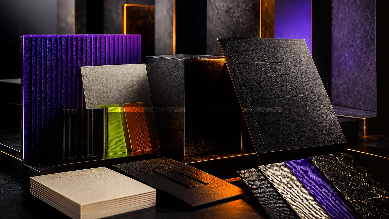 Brand identity design system with premium materials and structured visual language