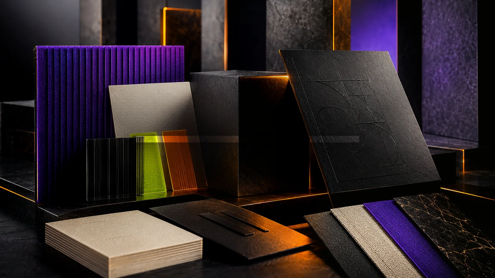 Premium brand identity materials in black, ivory, violet, lime, and orange