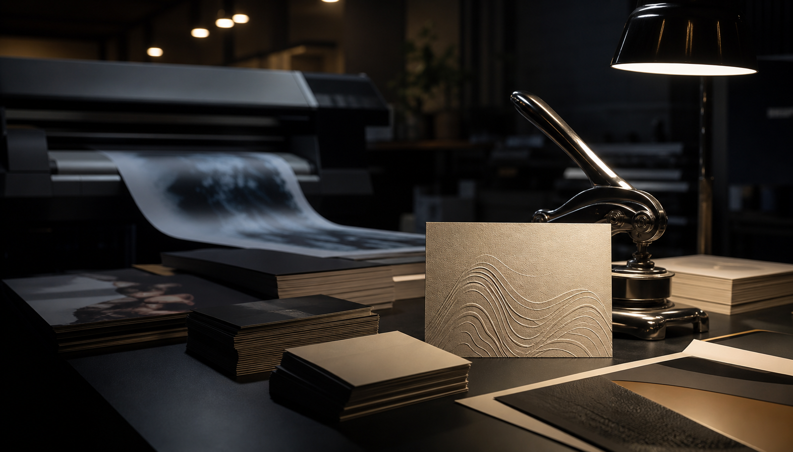 Dark editorial print production studio with premium business cards, foil stamping, and large format printer
