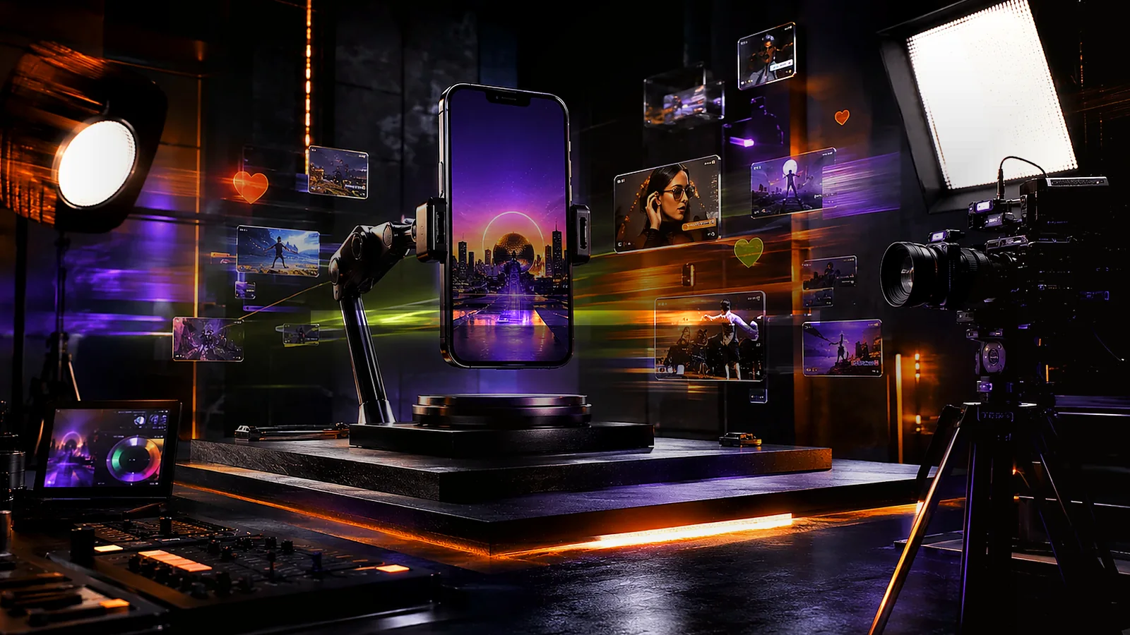 Video and content production studio with professional cameras lighting and mobile creative