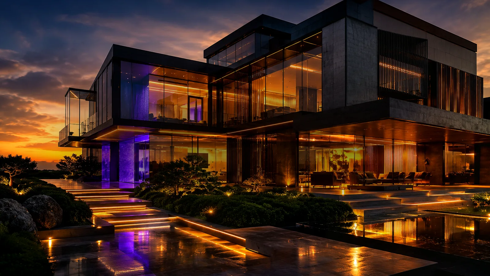 Premium residential landscape at dusk representing Aronson Landscape website and local marketing work
