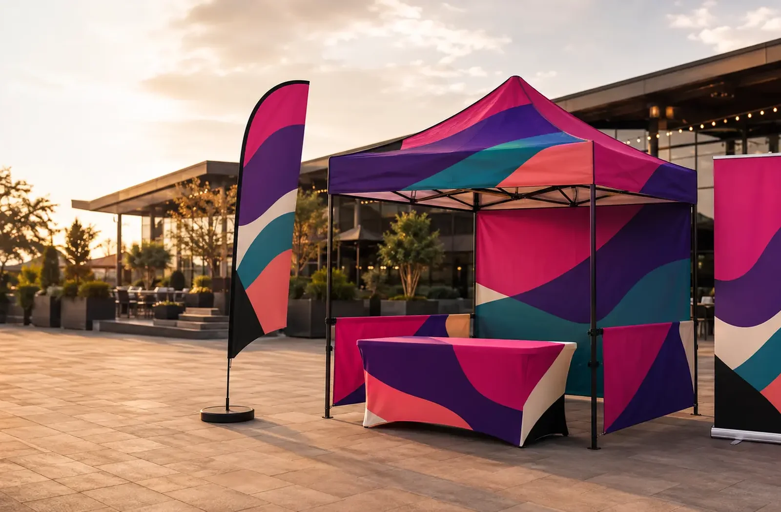 BoothBright custom printed canopy tent, feather flag, table cover and roll-up banner at an outdoor event at sunset