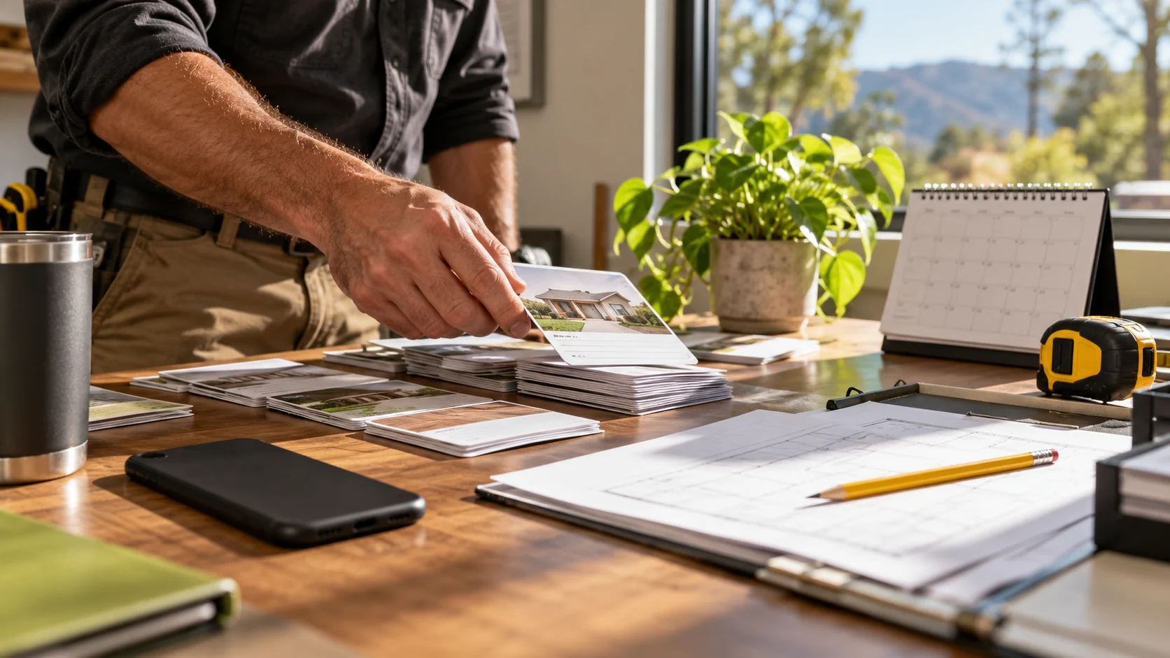 Contractor at a desk reviewing stacks of project cards and lead notes beside a smartphone, calendar, and building plans