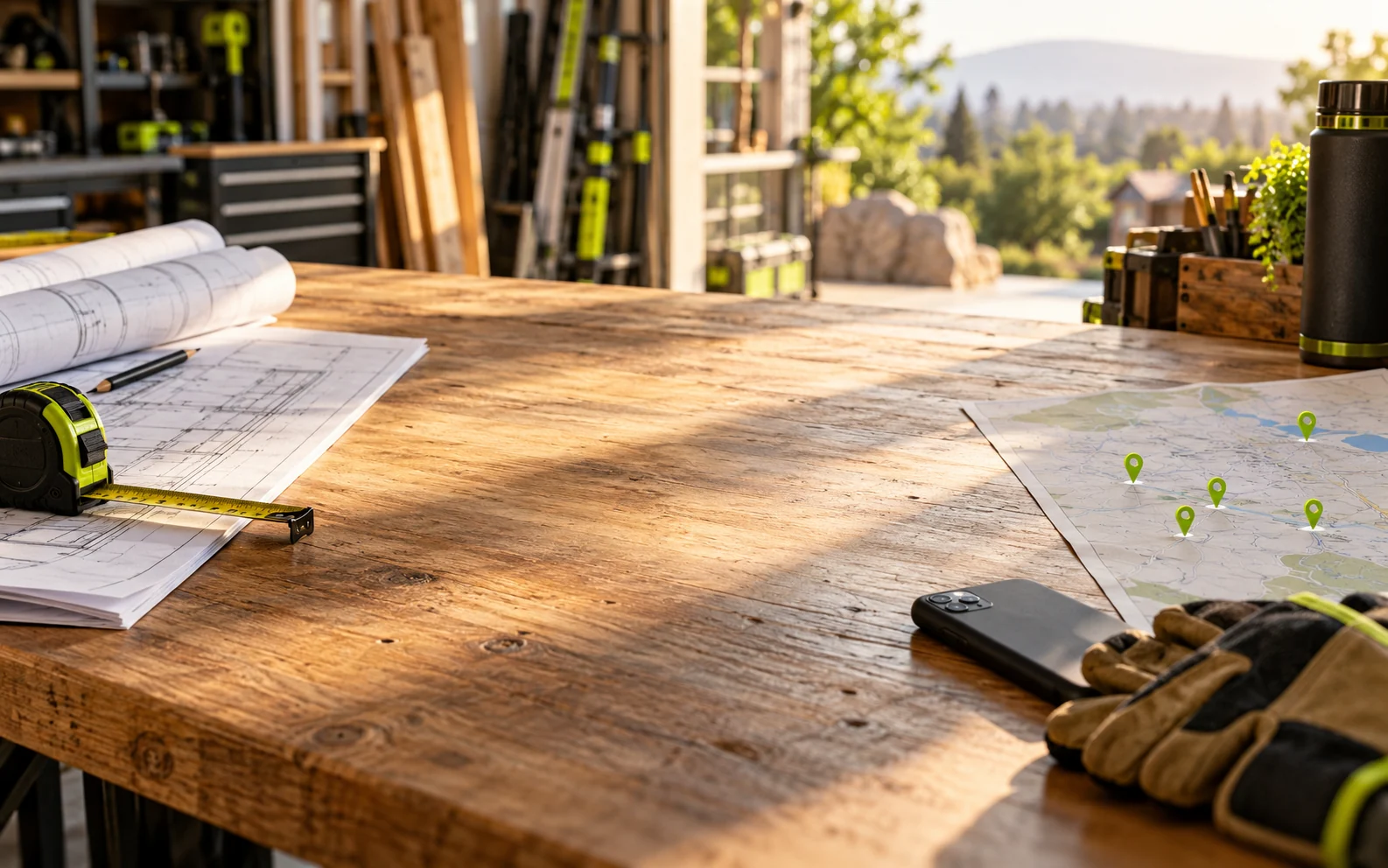Contractor workshop table with blueprints, a tape measure, a smartphone, work gloves, and an unlabeled service-area map marked with lime location pins