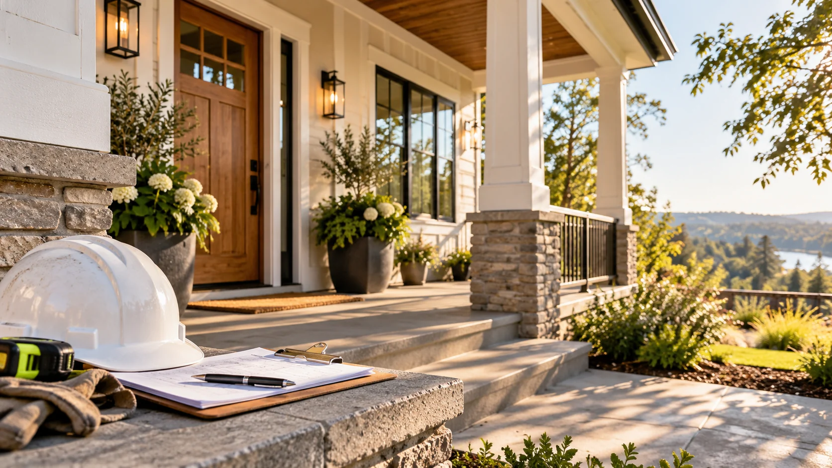 Finished craftsman porch with stone columns, a white hard hat, clipboard, and tape measure resting on a low wall in front of a finished home porch