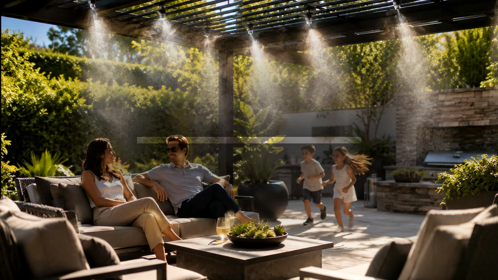 Family enjoying a professionally misted outdoor patio for the Cool Off growth project