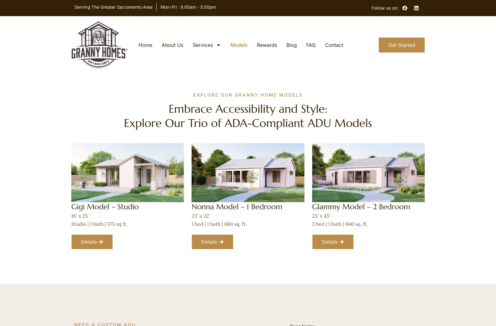 Granny Homes website models page showing the Gigi, Nonna and Glammy ADU models