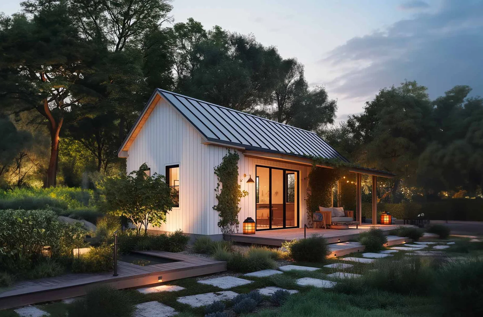 Granny Homes white board-and-batten backyard ADU at dusk with lit windows, porch lanterns and garden path