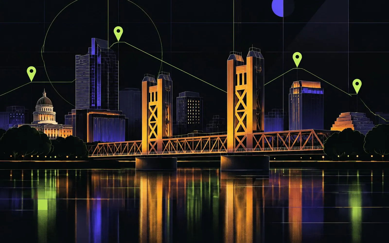 Abstract illustration of the Sacramento skyline and Tower Bridge at night with lime location pins connected across the city