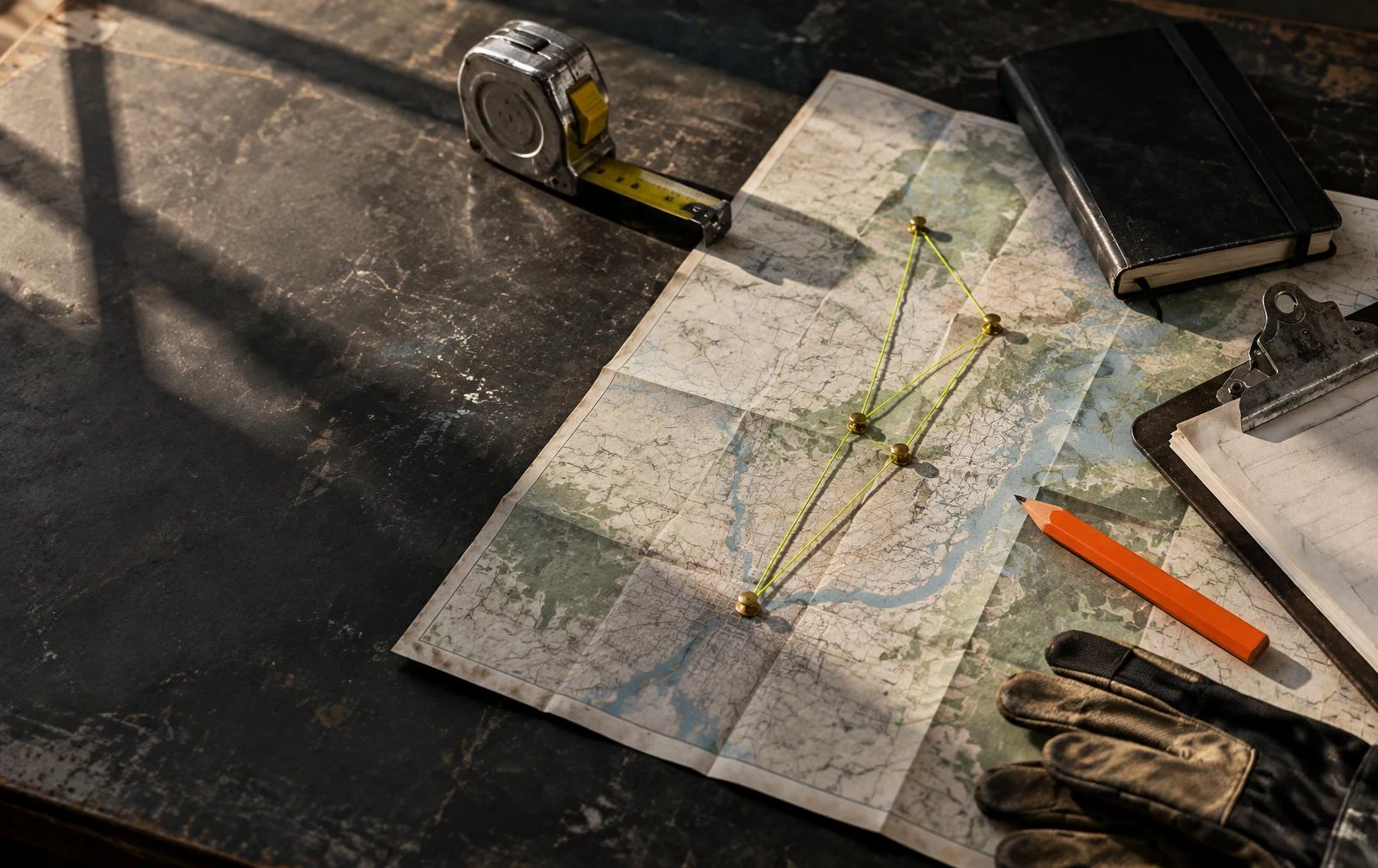 Contractor workbench with a regional field map, connected brass location pins, measuring tape, notebook, and work gloves