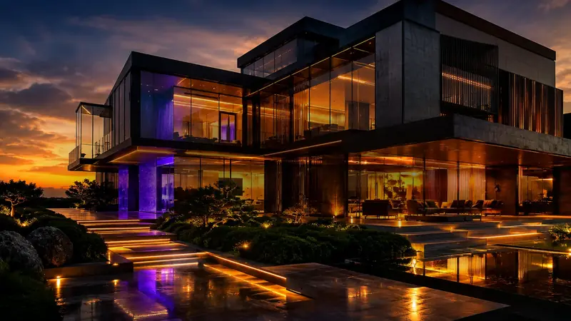 Premium residential landscape at dusk representing Aronson Landscape website and local marketing work