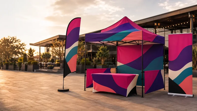 BoothBright custom printed canopy tent, feather flag, table cover and roll-up banner at an outdoor event at sunset