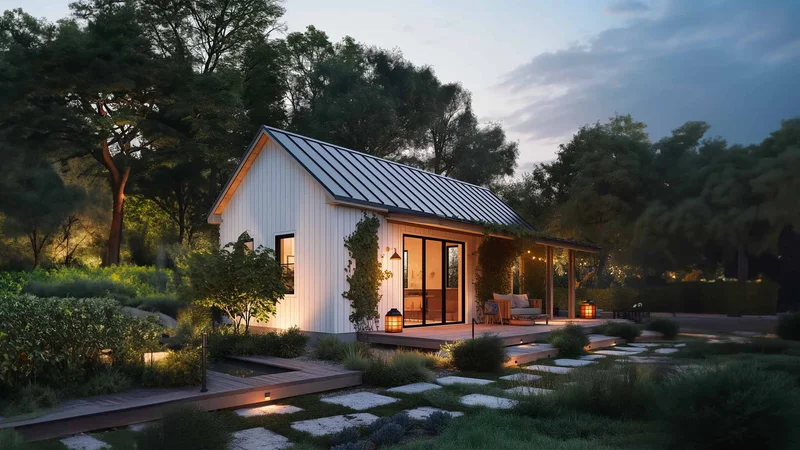 Granny Homes white board-and-batten backyard ADU at dusk with lit windows, porch lanterns and garden path