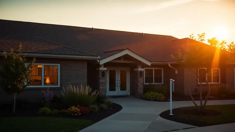 Warm senior living community at golden hour representing Oakwood Village lead generation