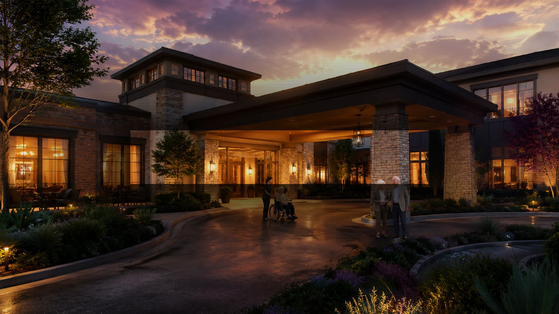 Distinct assisted living community entrance representing the connected multi community website approach