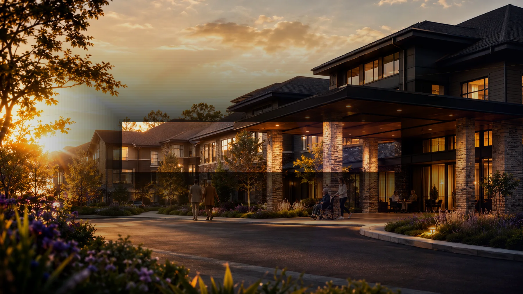 Welcoming Platinum Living senior community exterior at sunset for the multi community digital portfolio