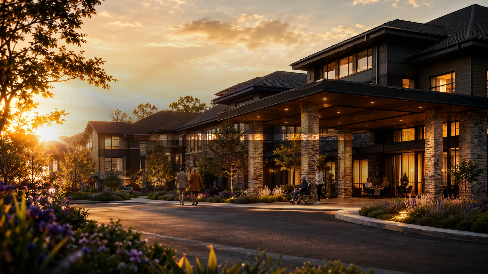 Welcoming senior living community at sunset for the Platinum Living digital portfolio