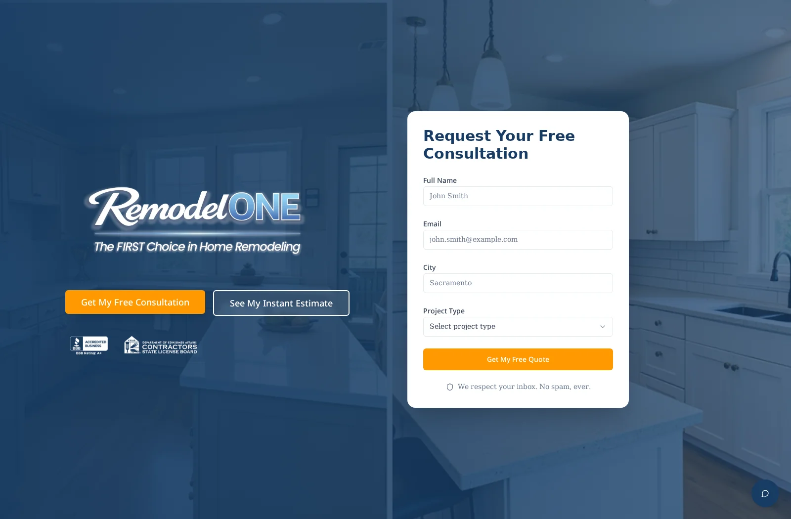 Remodel One live website desktop preview