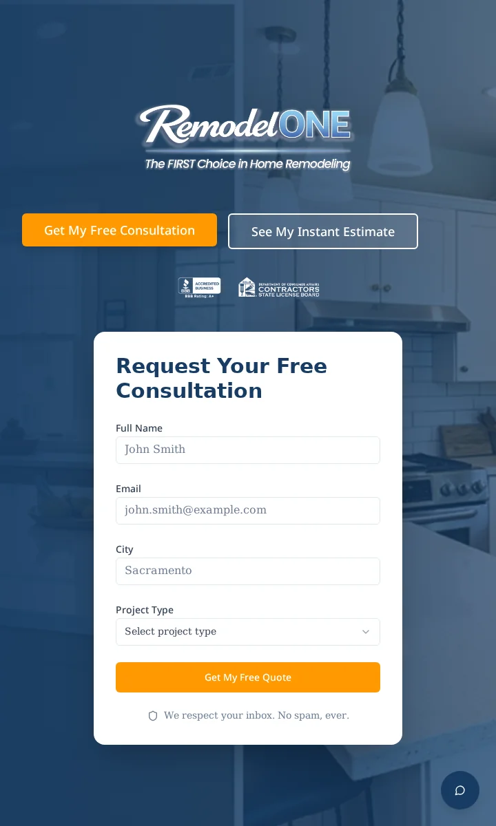 Remodel One live website mobile preview
