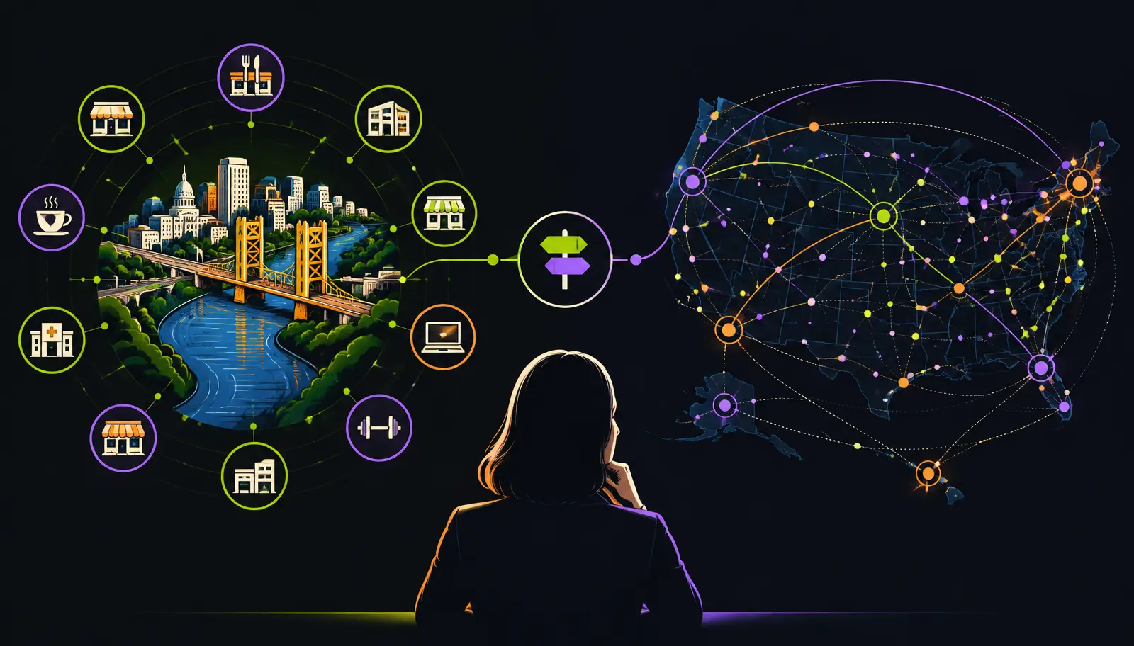 Editorial visual comparing local market collaboration with the scale of a national digital agency