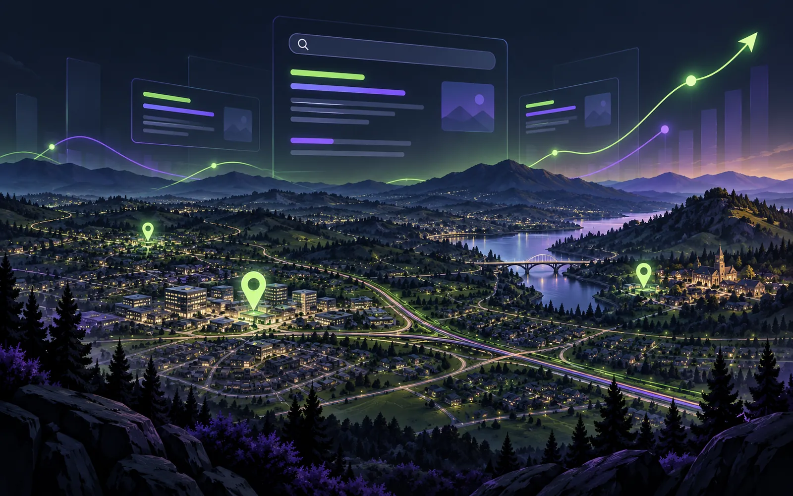 Map of Placer County communities connected by search paths and lime location pins