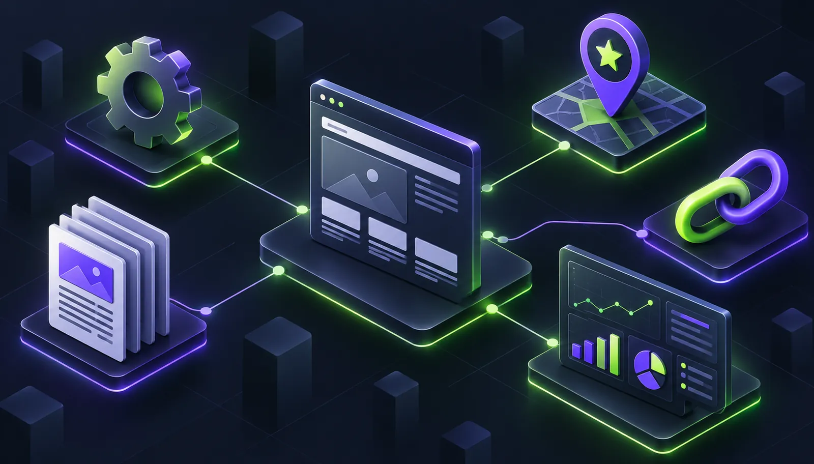 Diagram of an SEO engagement connecting technical SEO, on-page work, content, local profile, links, measurement, and AI search visibility