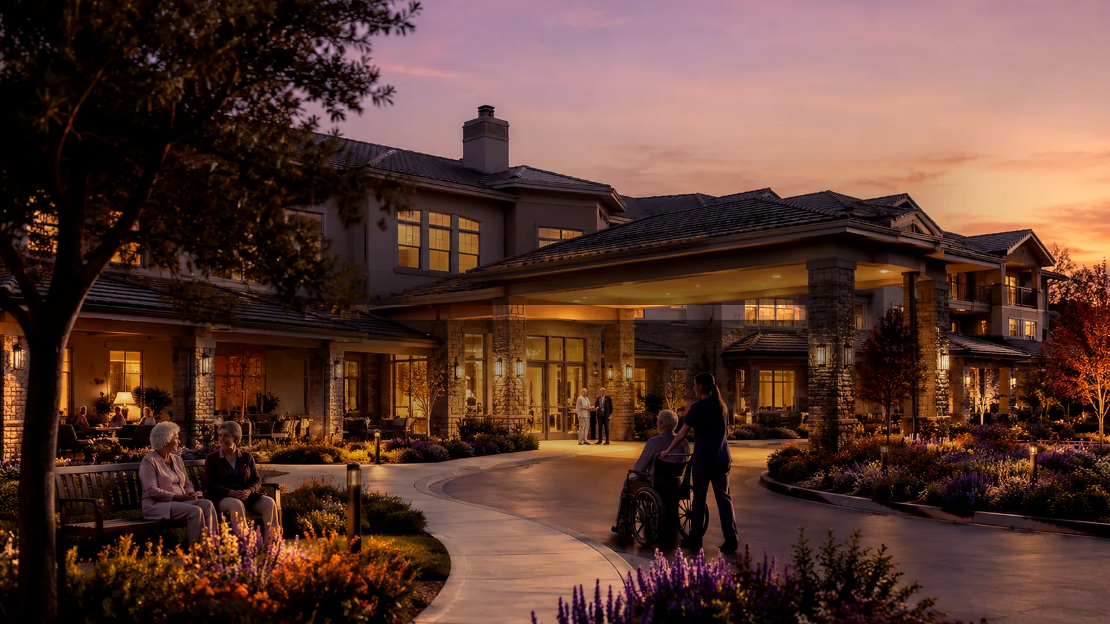 Sierra Regency inspired senior living community with residents and caregivers at golden hour