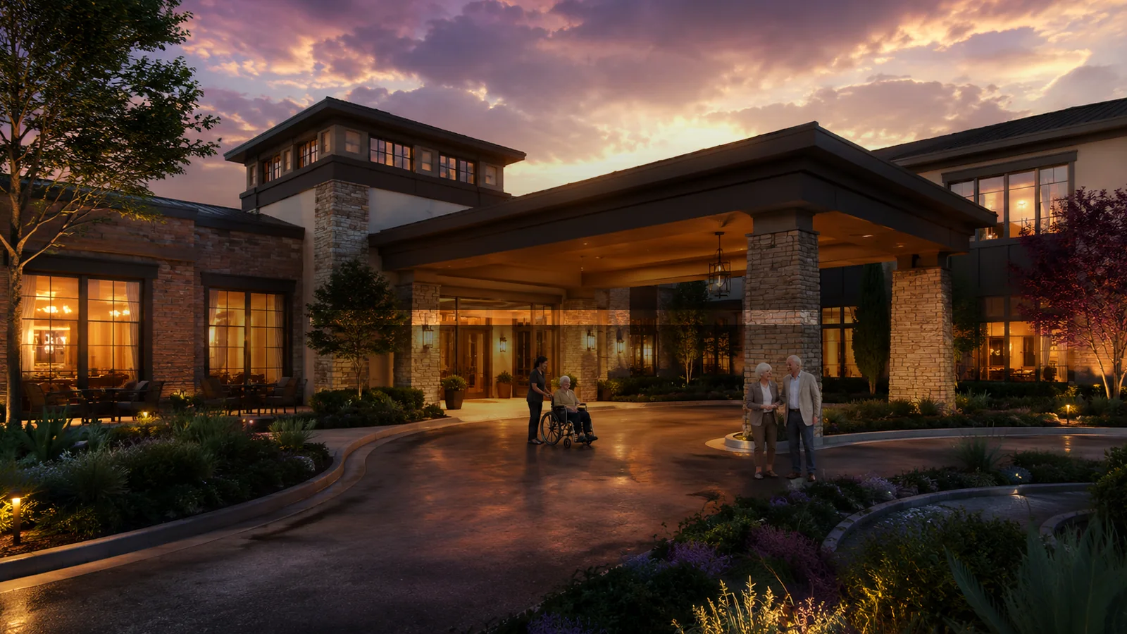 Sterling Court inspired assisted living entrance with residents and staff at dusk