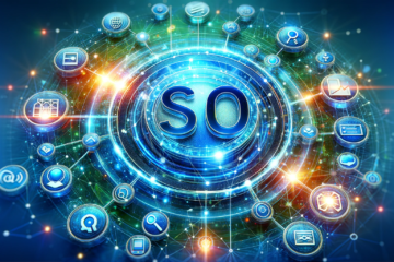 Featured image depicting a vibrant SEO-themed digital landscape with a glowing SEO logo and icons for keywords, link building, and mobile optimization in blues and greens, ideal for a WordPress blog on digital marketing
