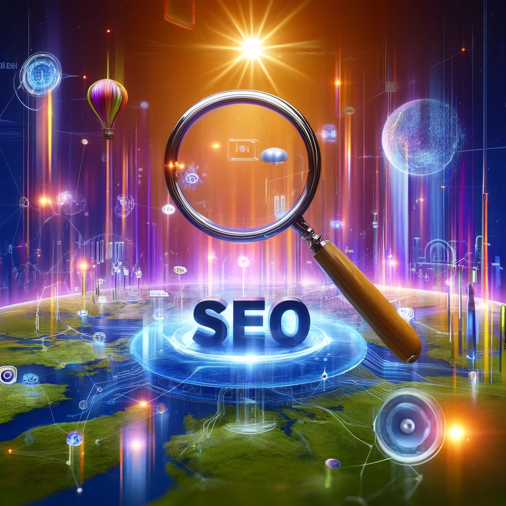 Digital marketing landscape focusing on SEO with a magnifying glass over 'SEO' amidst flowing data and glowing nodes.