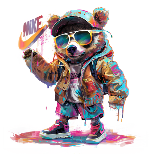 colorful bear holding a nike sign wearing sunglasses representing branding design services